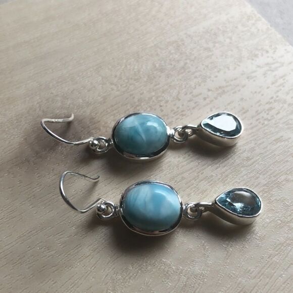 Genuine Larimar / Blue Topaz / 925 Sterling Silver Earrings Larimar Earrings - Picture 3 of 10